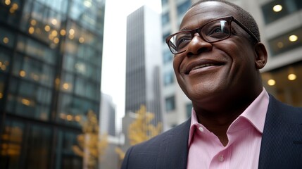 Mature man in city setting, looking upward with a happy expression. Modern architecture in the background. Man is wearing a pink patterned shirt