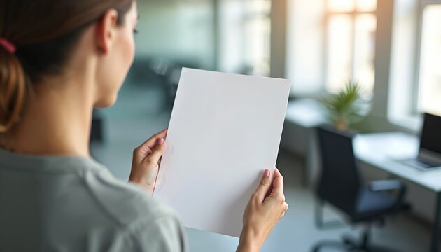 Woman in office holds blank sheet of paper. Appears focused, attentive. Modern minimalist office interior. Empty document template. Indoor setting. Businesswoman student likely. Casual clothing.