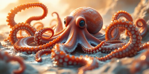 Obraz premium Colorful Cephalopod Emerging From Underwater Terrain With Sunlight In Coastal Scene Of Water Activity and Coastal Setting. Featuring Diverse Marine Life and Underwater Creatures. A Vibrant