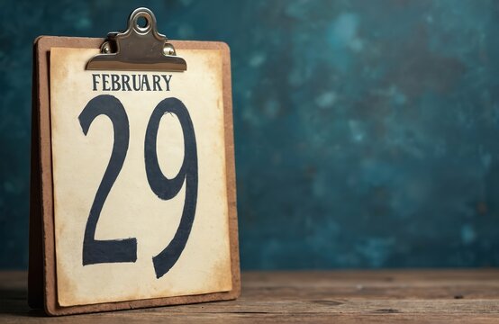 Vintage calendar page shows February 29th. Leap year date on aged paper. Reminder of important event. Planning, scheduling concept. Wooden clipboard holder. Closeup view against teal background.
