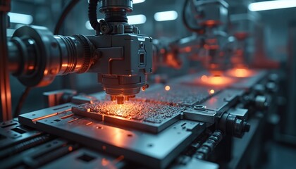 Fototapeta premium Advanced machinery conducts high-strength composite material testing in aerospace lab. Precision equipment performs quality control. Robotic arm performing analysis, experiments. Industrial tech