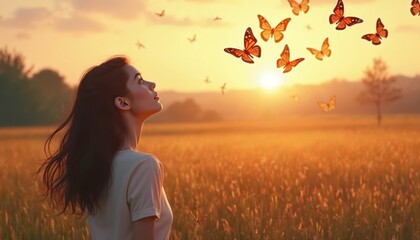 Woman observes flying butterflies at golden sunset. Woman in field watches butterflies soar. Butterflies symbolize freedom. Golden hour sun sets over field. Peaceful scene of nature and freedom.