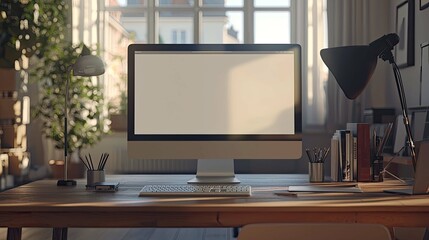 Modern Home Office Workspace: Sunlight Streaming Through Window, Clean Desk Setup, Computer, Books, and Stylish Decor