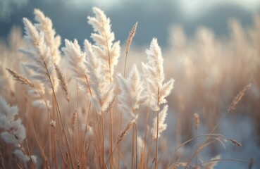 Fototapeta premium Soft pampas grass stands out against boho background of dry reeds. Fluffy long grass stems fill image in wintery tones. Light beige tones dominate scene with natural, organic feel. Natural backdrop