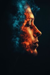 Abstract portrait of a person's profile, created using a pixelated effect and with vibrant orange and blue smoke like particles around the face
