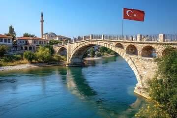 Obraz premium Ancient Stone Bridge over River in Turkey with Turkish Flag