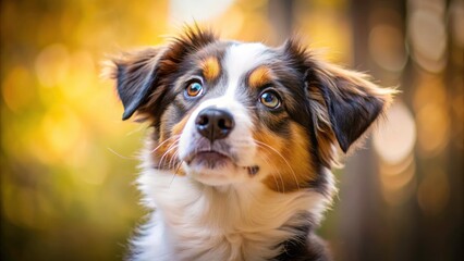 Sweet Aussie puppy gaze, a heartwarming pet portrait.  Adorable mixed breed, captivating eyes.