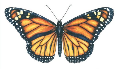 Fototapeta premium Close up view of an insect, showcasing its intricate orange and black patterned wings against a plain white background. The insect is in a static