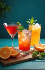 Fototapeta premium Colorful summer cocktails with ice, fresh mint garnish. Citrus fruits like orange slices displayed near drinks. Drinks served in different glasses. Wooden cutting board holds beverages, fruits.