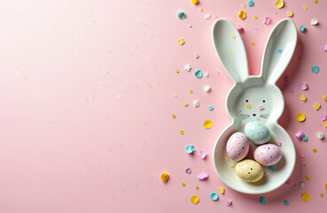Obraz premium Pastel pink background features white bunny plate filled with colorful Easter eggs. Small confetti pieces add festive touch to layout. Image top view simple, cute Easter theme. Minimal design,