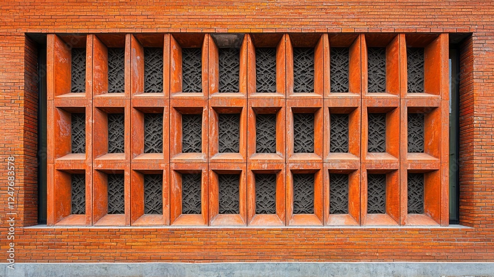 Poster terracotta blocks create a stunning facade, showcasing a harmonious blend of geometry and craftsmans