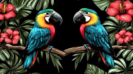 Obraz premium Two colorful parrots face each other on a branch amidst tropical flowers and leaves. Vivid colors and pixel art style