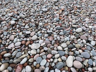 Colorful Pebbles Scattered Along a Beach Create a Natural Mosaic Under Soft Sunlight