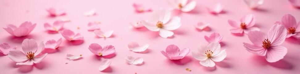 Delicate cherry blossom petals scattered on pink paper background, nature, texture, gentle