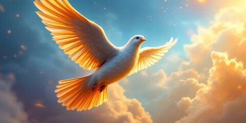 Fototapeta premium Majestic White Bird Soaring Through A Golden Sunset Sky With Soft Cloud Details And Radiant Light With Soft Details of Clouds And Light That Fill The Atmosphere And A Majestic Bird That Is Free To