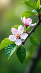 Obraz premium Delicate cherry blossoms on lush green leaves, blossoming, garden, nature