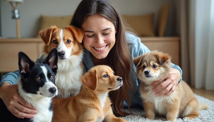 Woman sits on floor cuddling with three puppies. Friendly caretaker enjoys time with small dogs. Playful pets look happy, relaxed. Pets domestic animals. Indoor setting in home. Caring pet owner,