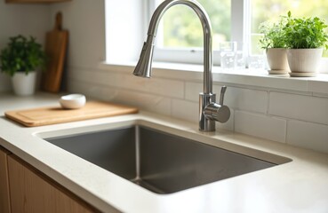 Close-up view of modern kitchen sink, faucet. Shiny stainless steel faucet installed over clean empty sink. Contemporary kitchen interior with light countertop. High-quality materials, design