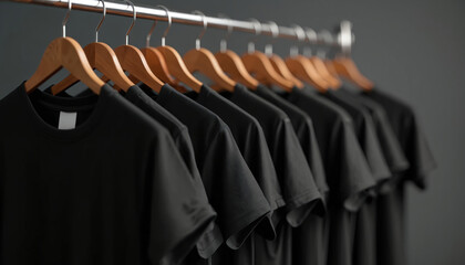 Obraz premium Many black t-shirts hang on wooden hangers in row. Clothes rack full of casual attire. Variety of black t-shirts. Fashionable apparel display in retail space. Shop store concept. Stylish clothing