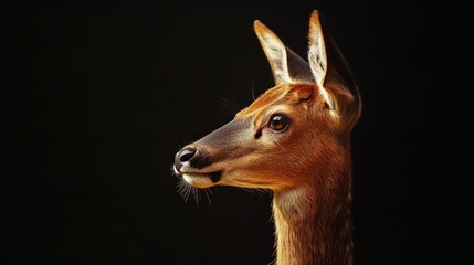 Obraz premium Majestic Fawn Portrait: A Captivating Close-Up of a Young Deer Against a Dark Background