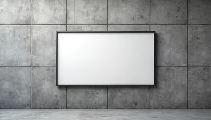Blank white billboard mockup on grey concrete wall. Empty poster for advertising design. Modern urban interior. Empty space for advertisement. Showcase for marketing. Large display for promotion.