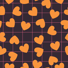 Groovy background with windowpane check and tiny hearts. Valentine day cheerful seamless pattern. Vector wallpaper with romantic vibes. Cute print for fabric, paper, kids clothes and accessories
