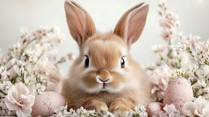 Obraz premium Charming Fluffy Bunny Nestled Among Spring Flowers and Eggs