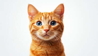 Obraz premium Close up portrait of an orange cat with striking blue eyes against a plain white background