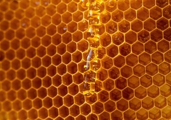 Close-up of honeycomb with golden honey droplets flowing through hexagonal cells