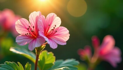 Fototapeta premium Delicate pink geranium petals unfolding in tropical sunlight, tropical garden, pelargonium, pink geranium