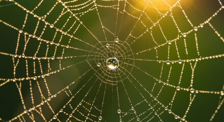 Obraz premium Dew-covered spider web with sunlight illumination in a natural setting