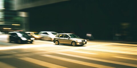 Motion blur in urban city: cars speeding on street at dusk