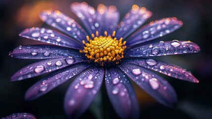 Obraz premium Dew-kissed purple flower close-up, garden background, nature photography