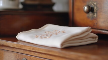 Delicate linen napkin display on wooden table rustic home decor soft natural light close-up view timeless elegance