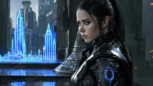 Futuristic woman stands in a rain-soaked city with neon structures, showcasing a blend of technology and mystery