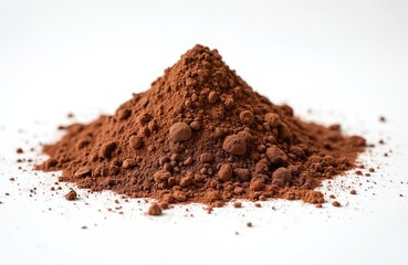 Pile of rich brown cocoa powder on plain white background. Dark brown cocoa powder heaped, scattered. Food ingredient for cooking, baking. High contrast between dark powder, bright background.
