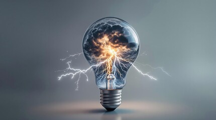 Lightning storm inside lightbulb: concept of innovation and energy