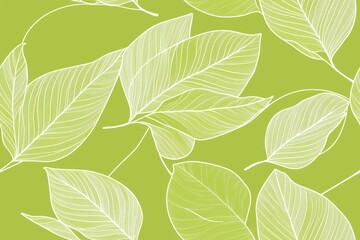 Padrão contínuo (seamless pattern) de folhas estilizadas em tons de verde com linhas delicadas em branco, criado com IA generativa.