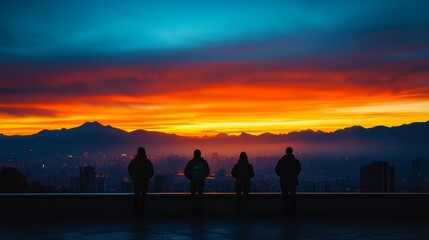 Silhouetted figures admire a vibrant sunset over the city skyline.