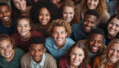 Diverse group of people smiling warmly. Multi-generation individuals of various ethnicities, backgrounds. Positive energy, social connection evident. Potential event gathering. Community outreach