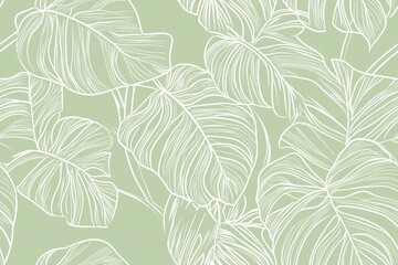 Fototapeta premium Padrão contínuo (seamless pattern) de folhas estilizadas em tons de verde com linhas delicadas em branco, criado com IA generativa.
