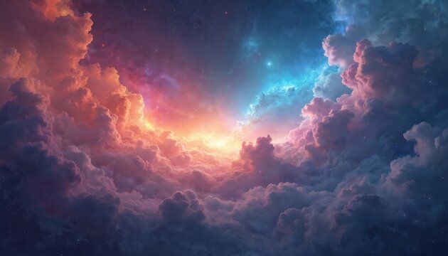 Colorful ethereal space galaxy cloud nebula view. Night sky twinkling with stars. Abstract illustration of space clouds. Vibrant colors. Fantastic, mysterious space scene. Artistic depiction of