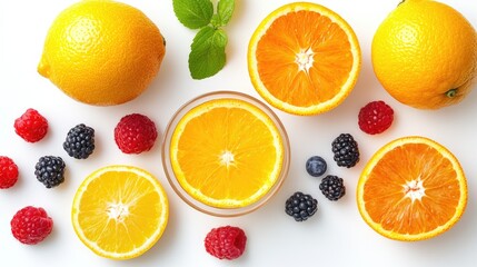 Flat lay of fresh oranges, raspberries, blackberries, and blueberries on white background.