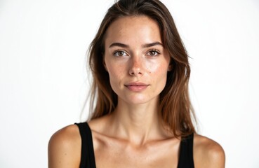 Close-up portrait of young woman with natural complexion, visible skin imperfections. Attractive brunette female model with no makeup. Studio shot against white background. Focus on facial features,