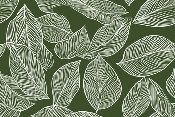 Padrão contínuo (seamless pattern) de folhas estilizadas em tons de verde com linhas delicadas em branco, criado com IA generativa.