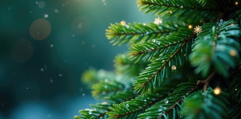 Glittering snowflakes on a majestic green fir Christmas tree, needles, snowflake