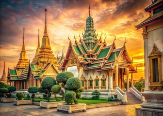 Fototapeta premium Vintage photos reveal the splendor of Bangkok's Emerald Buddha Temple and Grand Palace.