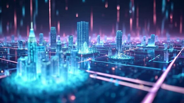 Flying through an abstract digital metropolis. Quantum worlds. Simulation of the microcosm. Concept of digitalization.  tilt shift effect