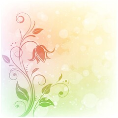 Obraz premium Tulip Flower with Stem and Leaves Twining on Abstract Background With Yellow Red and Green Colorful Light Texture