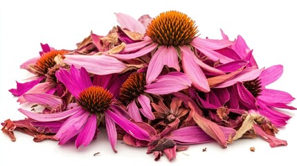Close-up of a pile of dried pink echinacea flowers isolated on a white background.